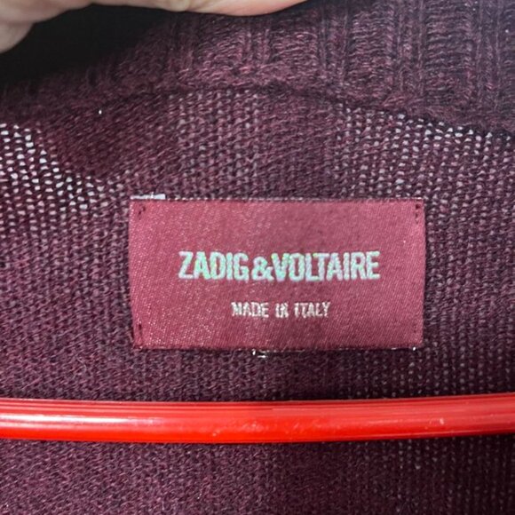 Zadig & Voltaire Burgundy V-Neck Sweater Italy – Monogrammed Sleeve (Est. Small) - Picture 2 of 8